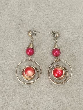 Statement Pink Red Cherries Earrings Golden Tone Metallic Wired Handmade
